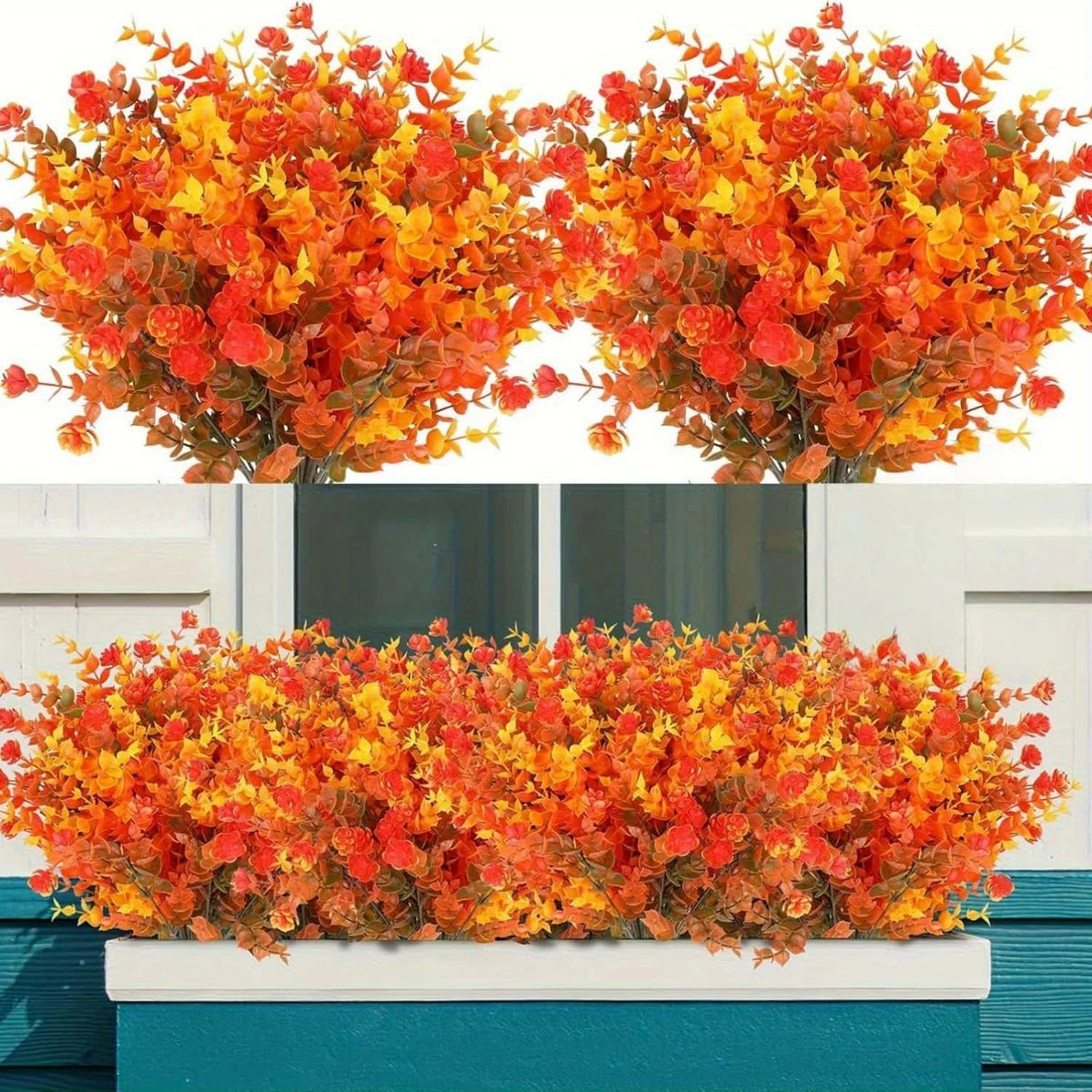 Two clusters of artificial autumn floral decorations featuring vibrant orange and yellow leaves.