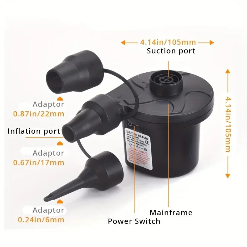 Schwarze portable elektrische Luftpumpe mit verschiedenen Adaptern und einem Hauptrahmen