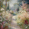 A retro oil painting depicting a sunlit path through a lush garden filled with white and pink flowers and trees.