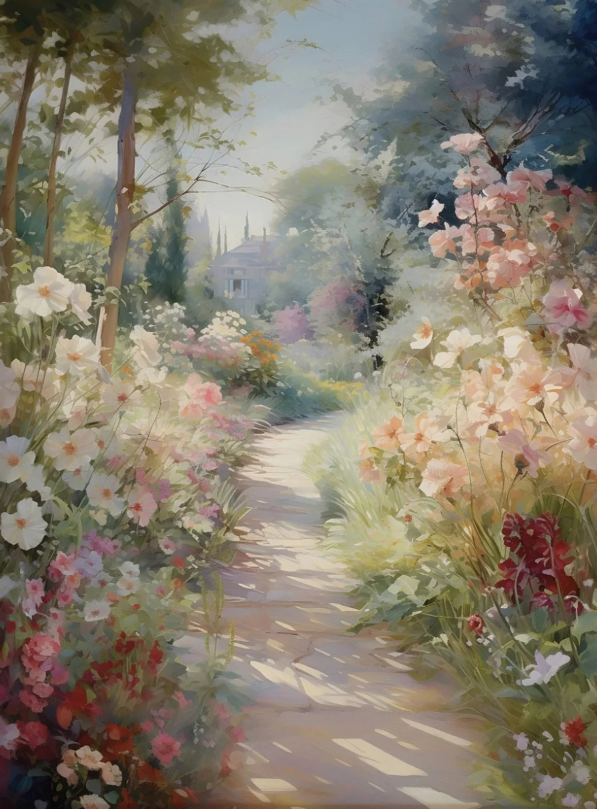 A retro oil painting depicting a sunlit path through a lush garden filled with white and pink flowers and trees.