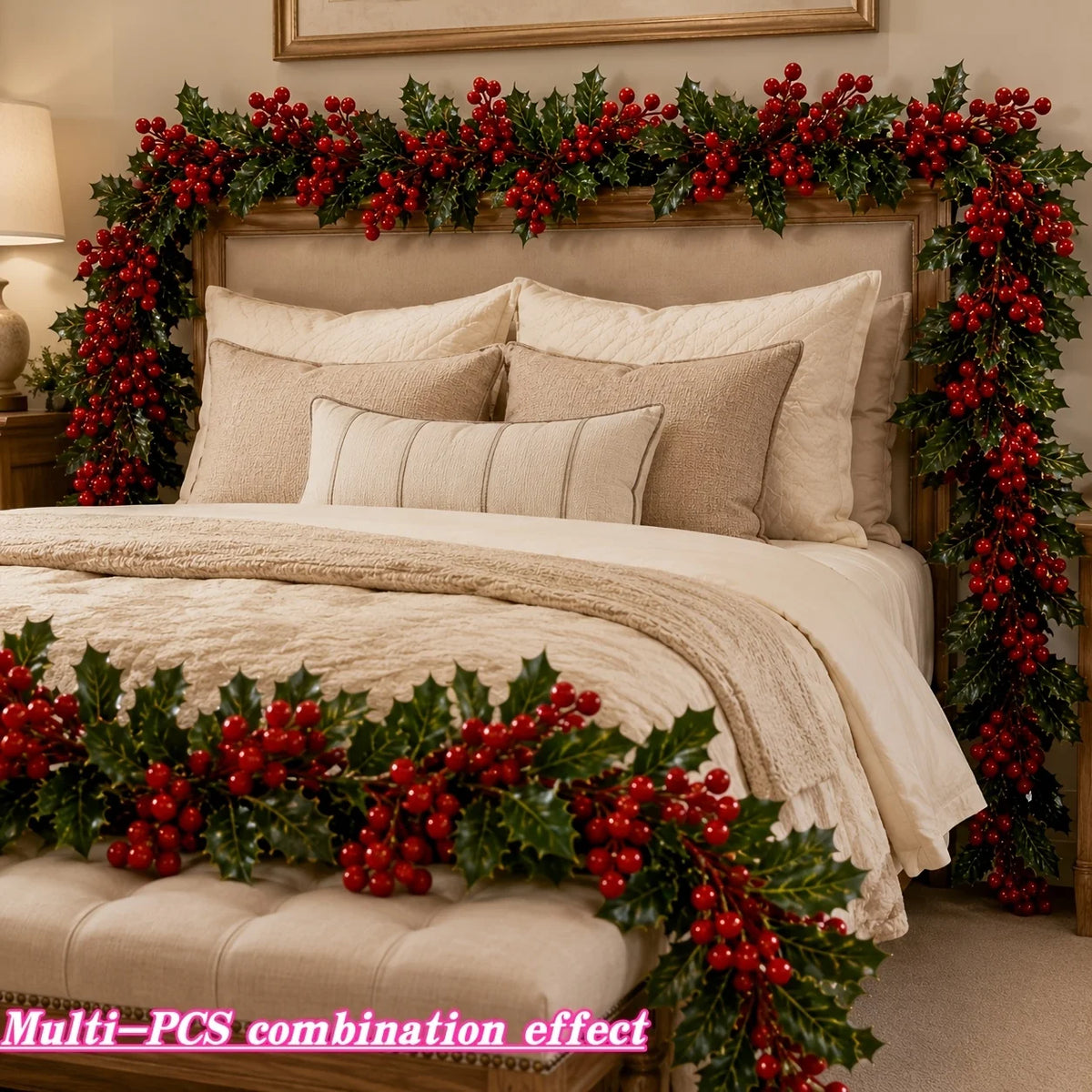 Artificial red berry holly Christmas garland decorating a bed frame and bedding