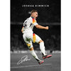 A portrait of Joshua Kimmich in a white soccer uniform celebrating on the field.