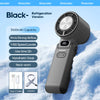 A black handheld fan with a circular grille is shown against a snowy background, highlighting its features and accessories.