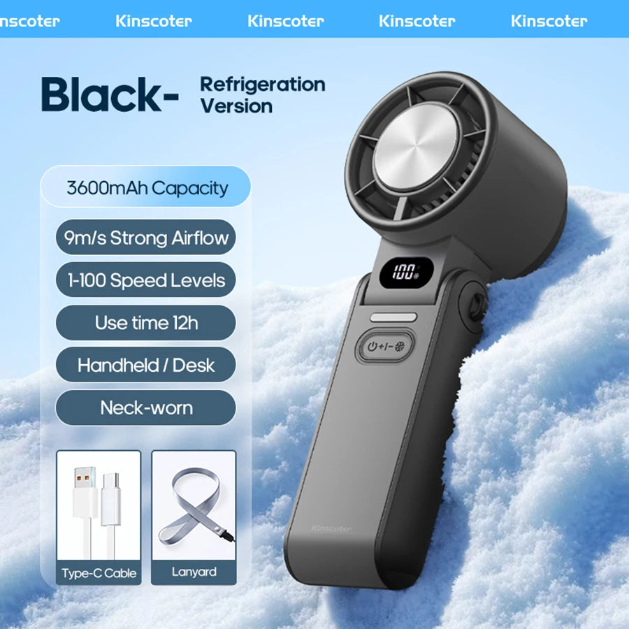 A black handheld fan with a circular grille is shown against a snowy background, highlighting its features and accessories.