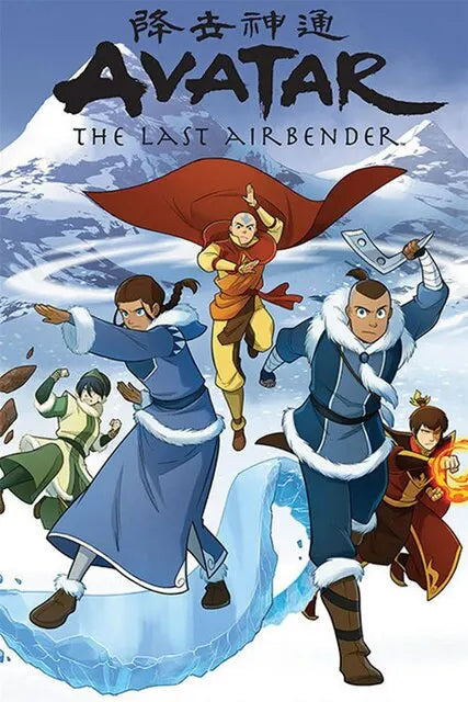 A stylized illustration of Avatar characters in winter clothing against a snowy mountain backdrop.
