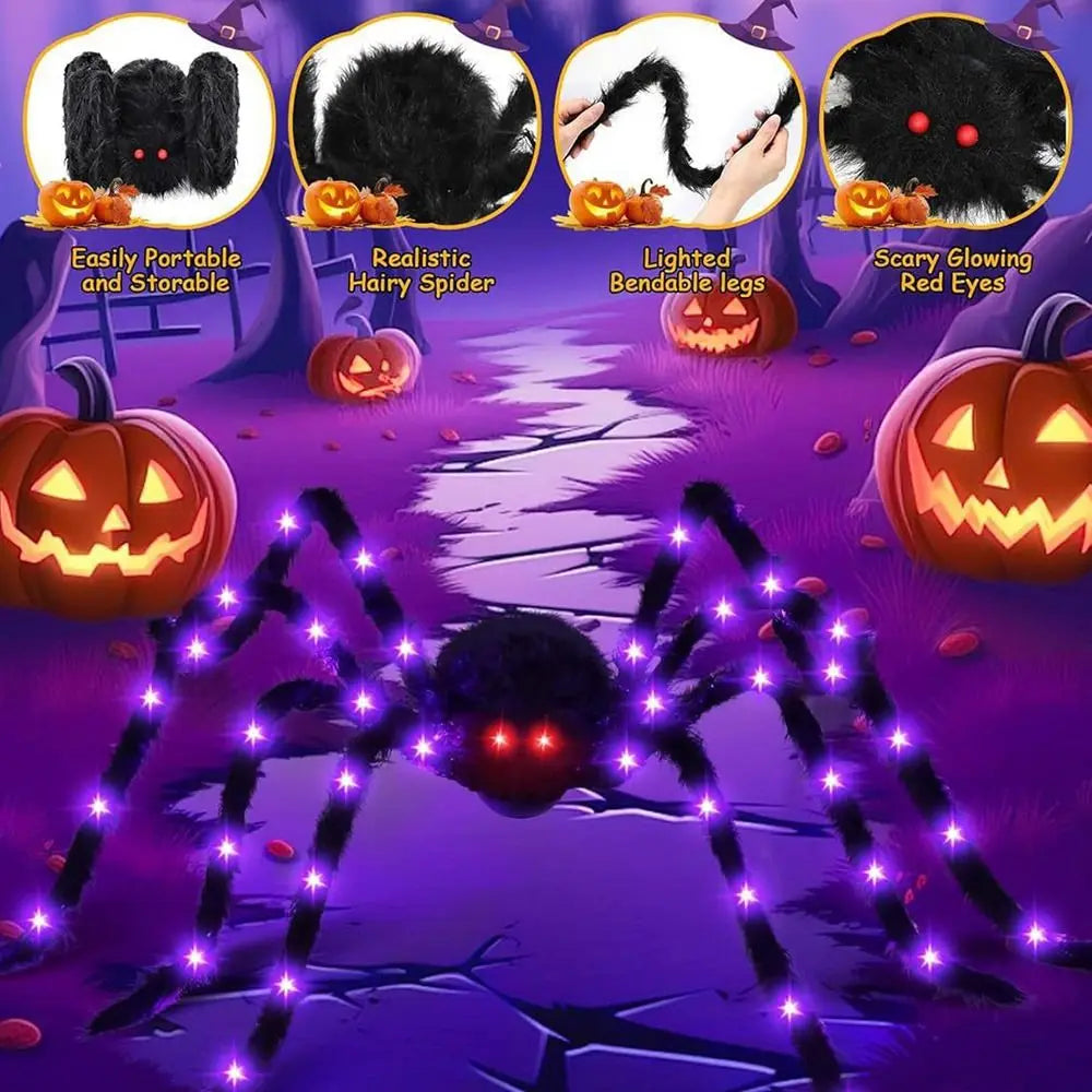 A large spider with glowing red eyes is shown with intricate purple LED lights forming its legs and web.