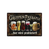 A dark metal sign with gold lettering that reads GRUPPEN-THERAPIE and features illustrations of various beer glasses.