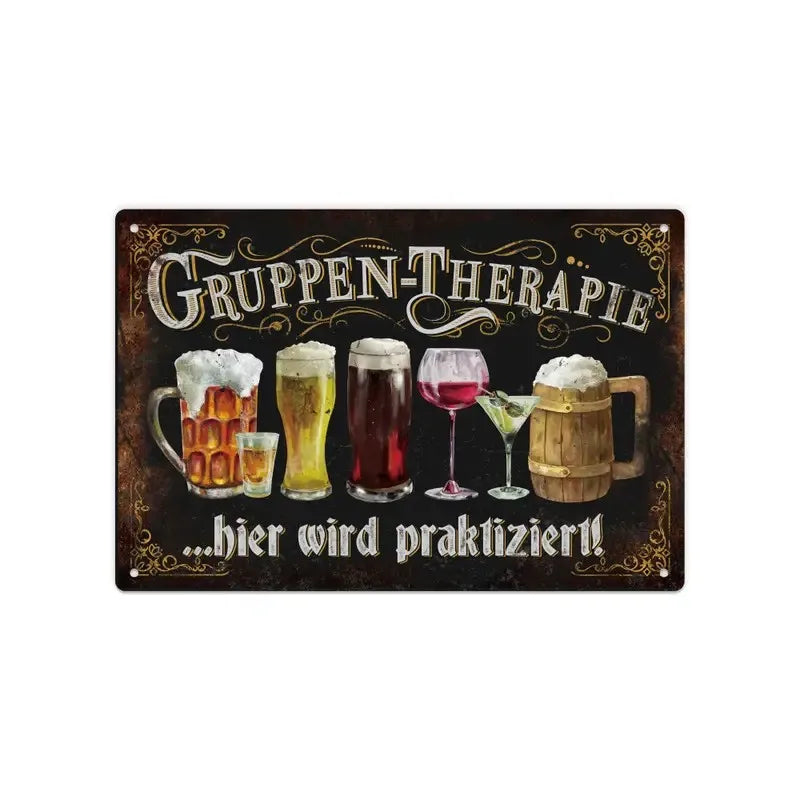 A dark metal sign with gold lettering that reads GRUPPEN-THERAPIE and features illustrations of various beer glasses.