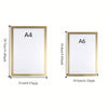 Un jeu de trois cadres photo minimalistes à cadre doré, tailles A4 et A6.