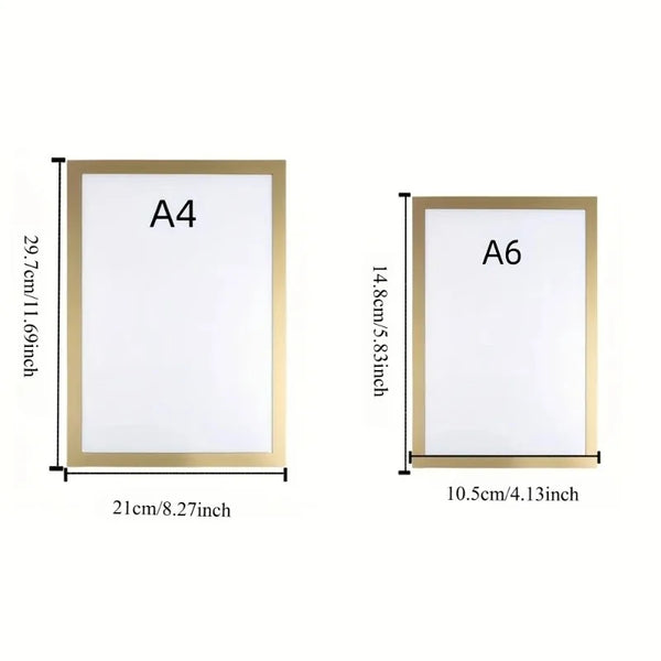 A set of three minimalist gold-framed photo frames labeled A4 and A6 sizes.
