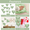 A set of green heart-shaped foil balloons displayed with features highlighting quality, safety, DIY options, and color.