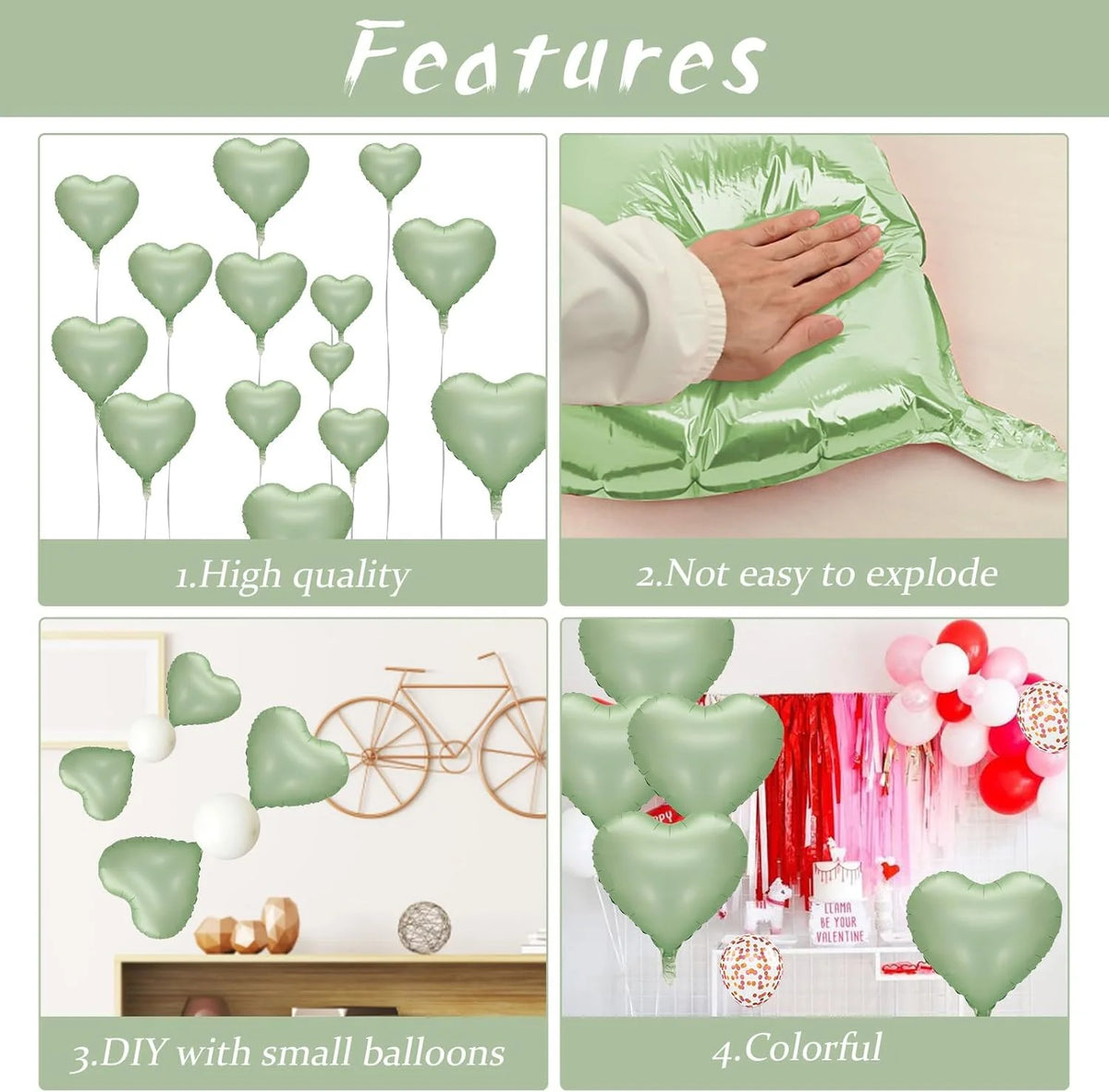 A set of green heart-shaped foil balloons displayed with features highlighting quality, safety, DIY options, and color.