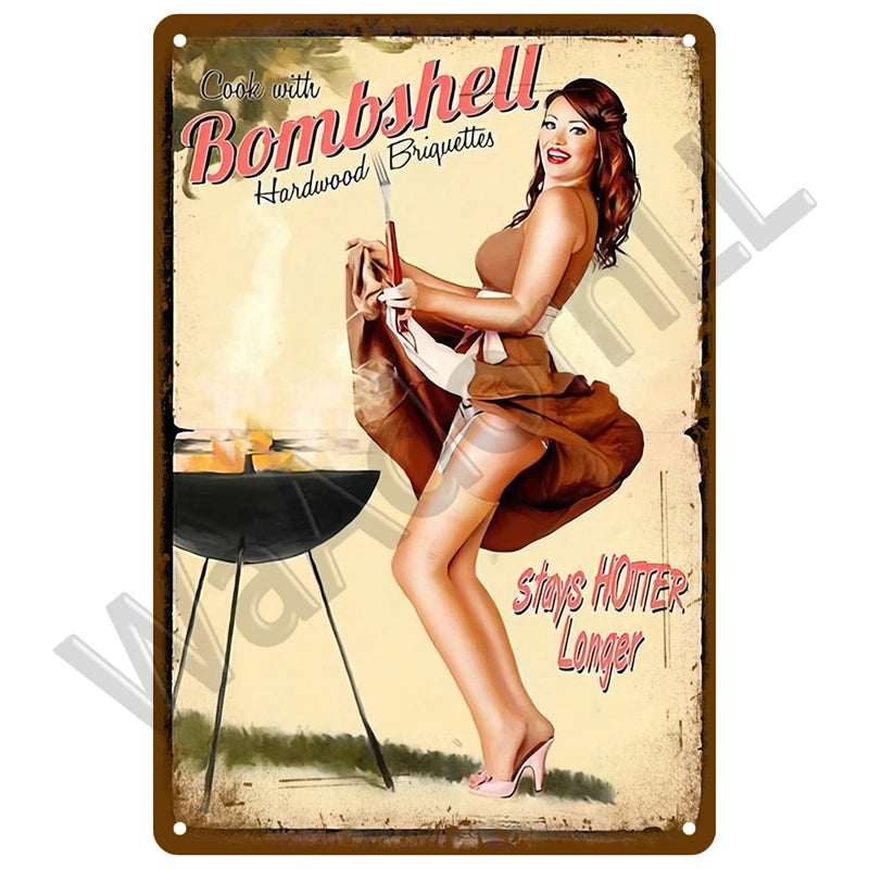 A vintage-style plaque featuring a woman cooking with a bombshell briquette.