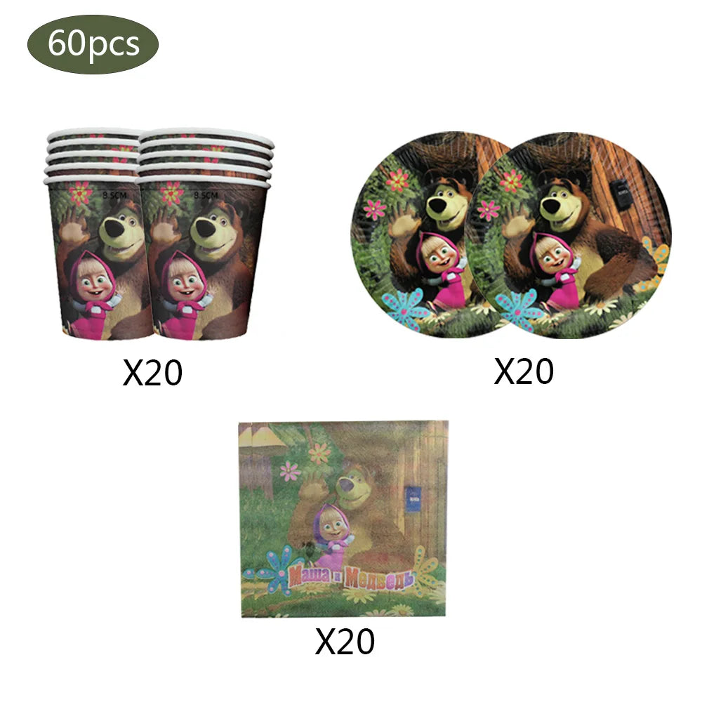 Set of 60 party supplies including cups, plates, and balloons featuring Masha and the Bear characters