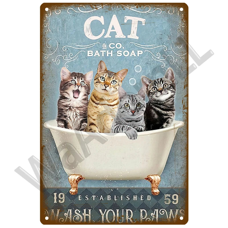 A vintage metal sign featuring five cats in a bathtub, advertising Cat & Co. Bath Soap.