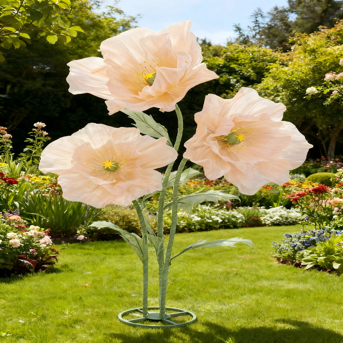 Large artificial silk peach colored poppy flower with green stand in a garden setting