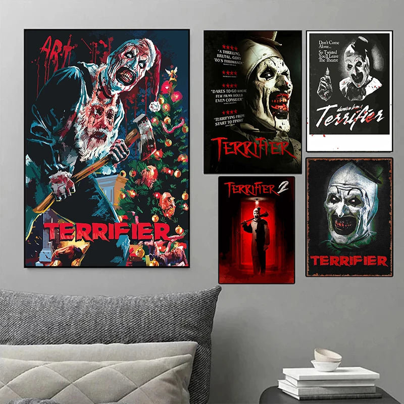 A set of three movie poster canvas art prints featuring the character from Terrifier