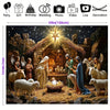 Christmas backdrop featuring angels, sheep, and a nativity scene under a glowing archway.
