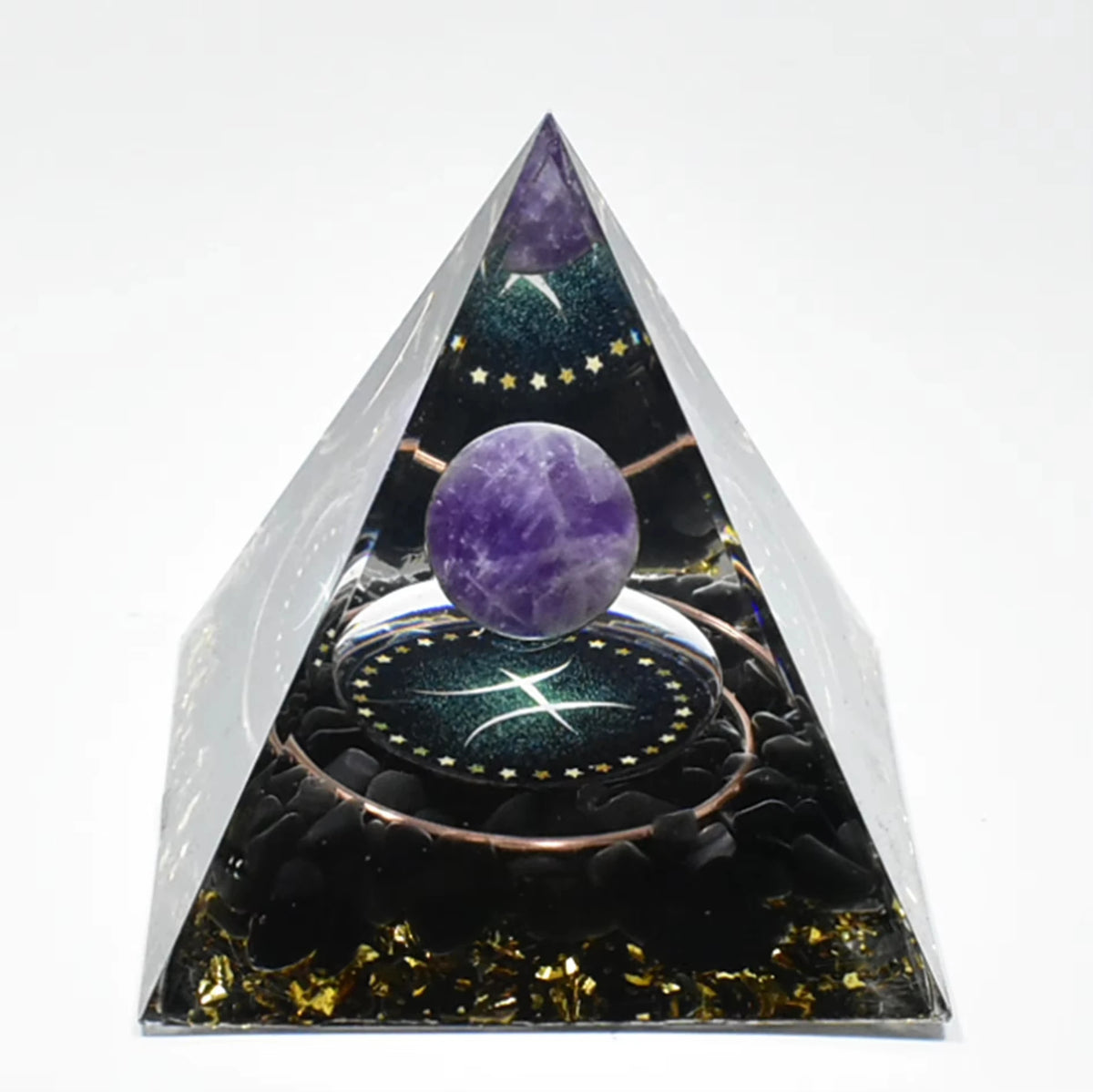 Handmade resin orgonite pyramid featuring natural obsidian and a copper coil inside.