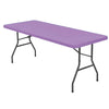 A purple stretch spandex tablecloth table with black metal legs.