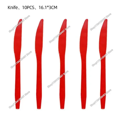 Ten pieces of red acrylic knives measuring 16.1 times 3 centimeters