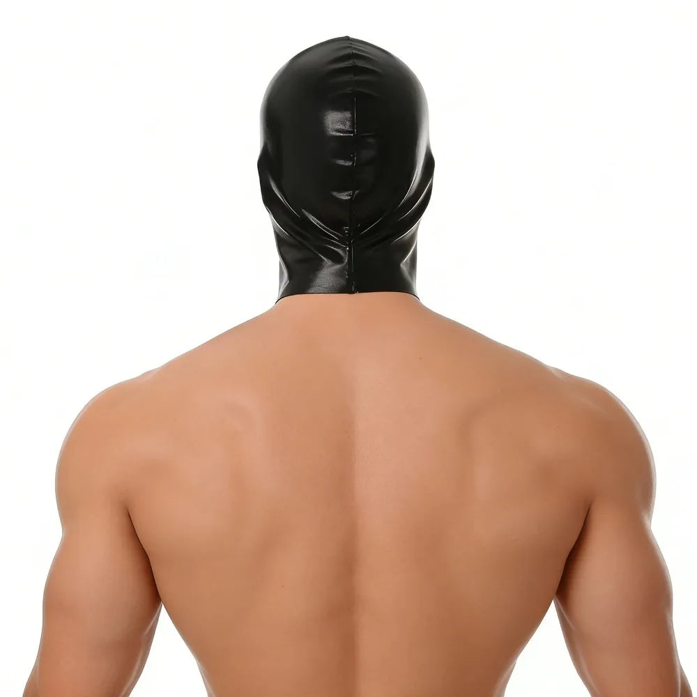 A black faux leather hood mask worn on the head, shown from the back.