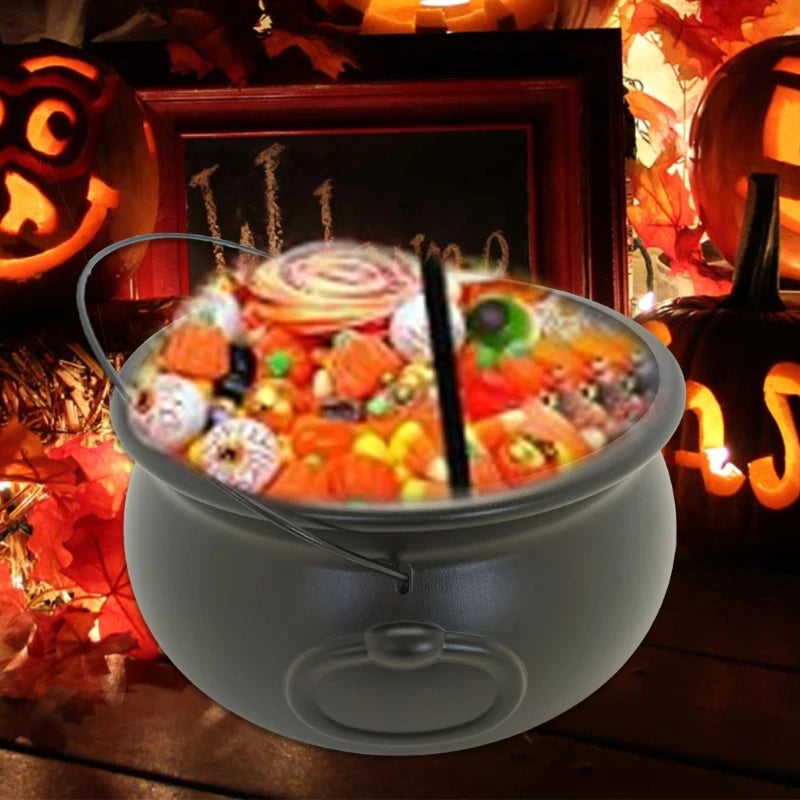 A white cauldron bowl filled with colorful Halloween candy and displayed in a dark, autumnal setting.