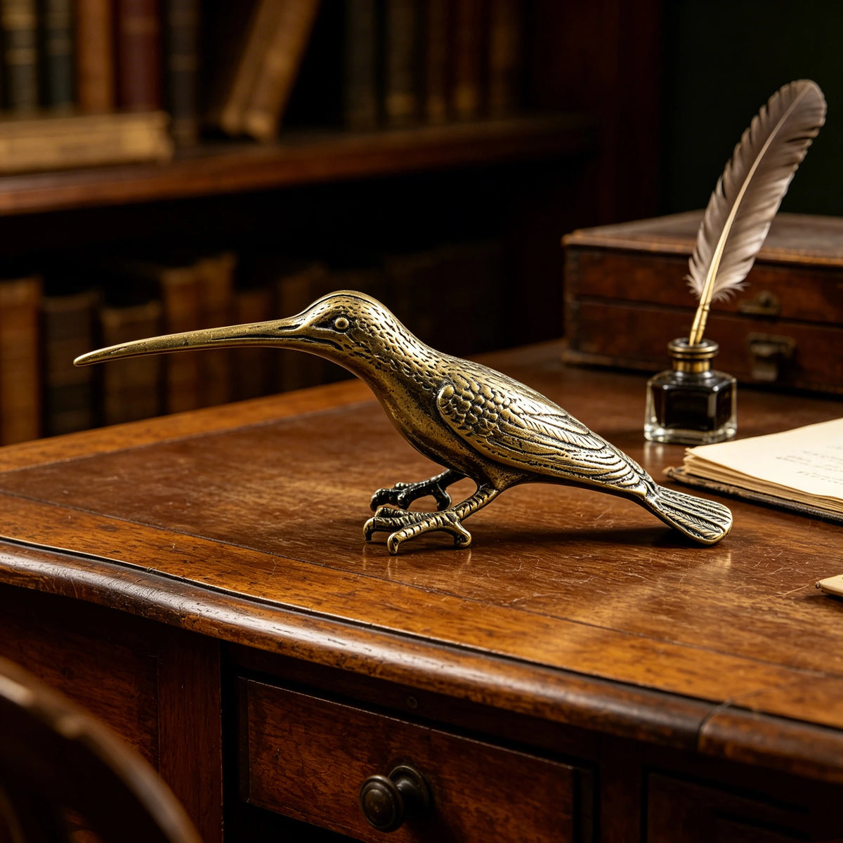 A vintage brass hummingbird statue rests on a wooden desk next to a feather quill and old books.