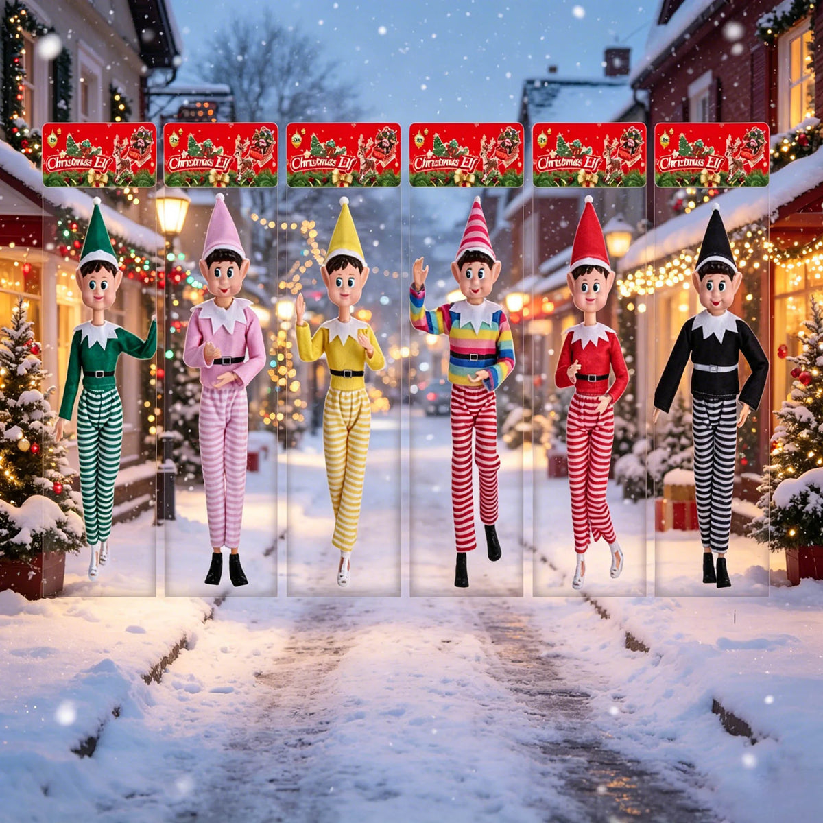 A row of five musical elf decorations in various festive outfits standing on a snowy path decorated with twinkling lights.