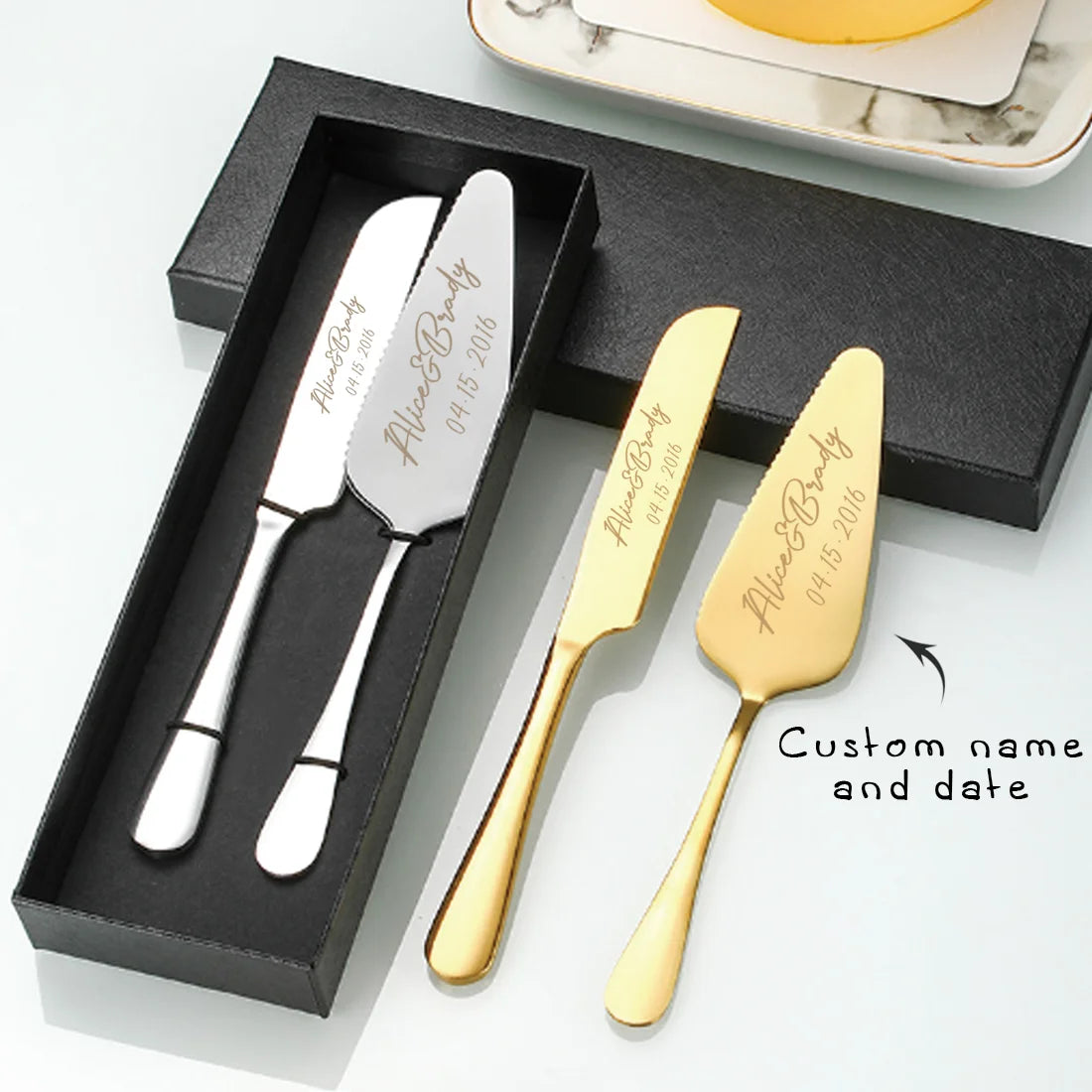 Personalized Engraved Stainless Steel Cake Knife and Server Set