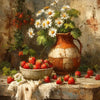 A still life painting featuring a terracotta jug, fresh strawberries, and greenery on a rustic wooden surface.