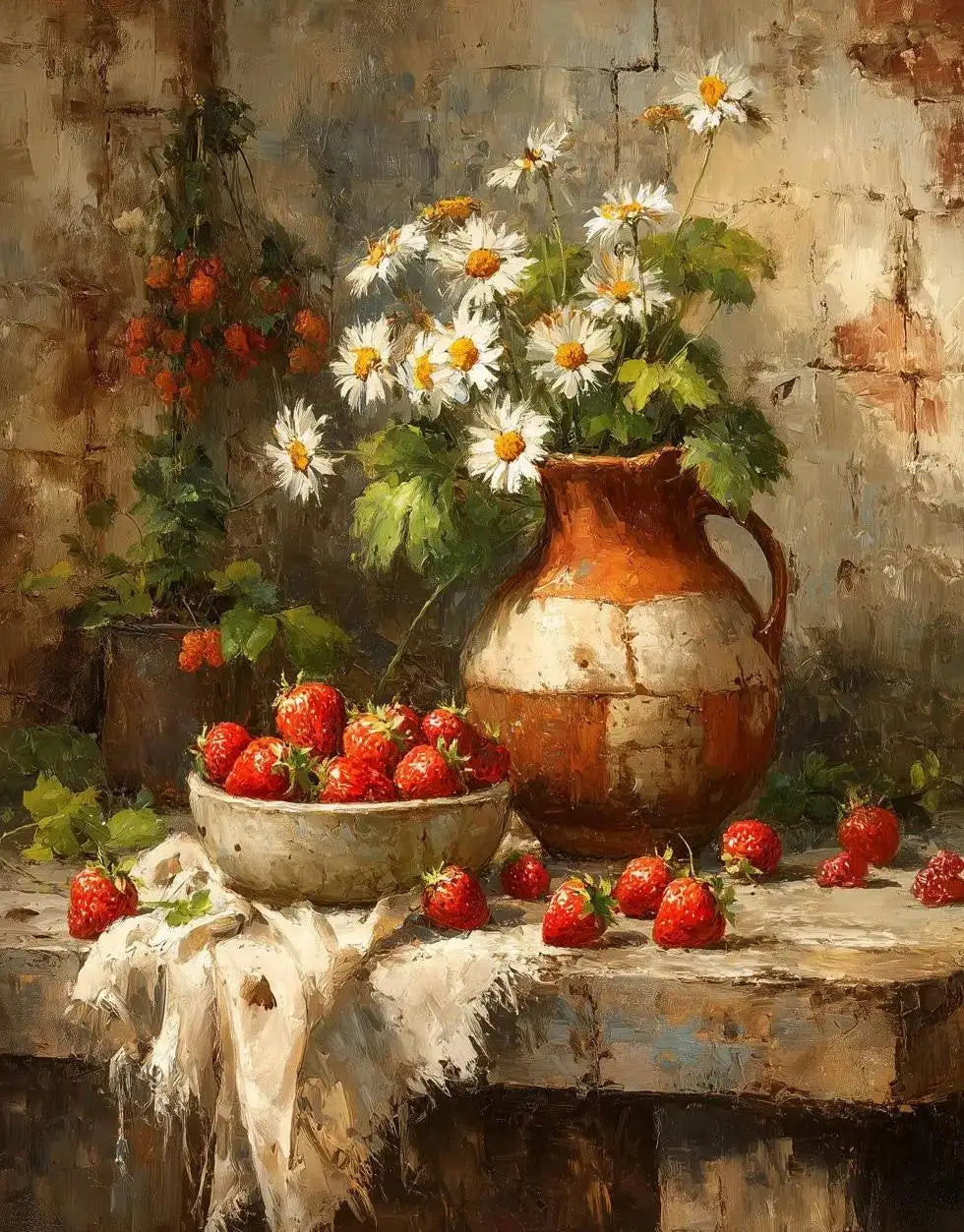 A still life painting featuring a terracotta jug, fresh strawberries, and greenery on a rustic wooden surface.
