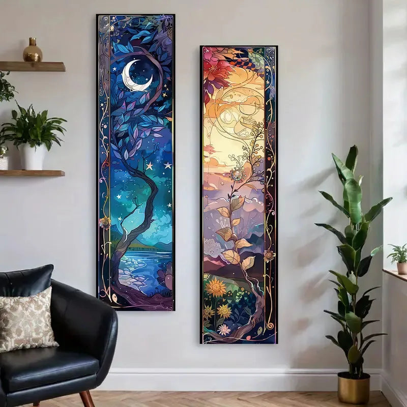 A vertical tapestry featuring a dark blue and purple tree of life with a crescent moon and stars.