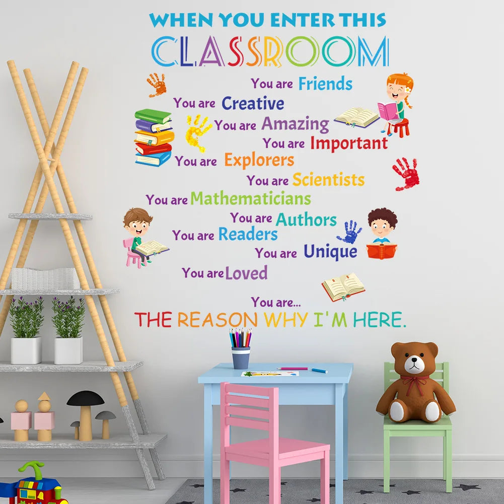 Inspirational slogan wall stickers featuring positive attributes like friends, creative, amazing, important, explorers, scien