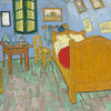 An interior painting depicting a room with wooden furniture, a bed, and a window in muted blue and yellow tones.