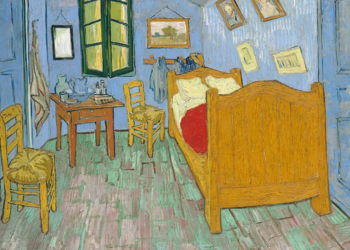 An interior painting depicting a room with wooden furniture, a bed, and a window in muted blue and yellow tones.