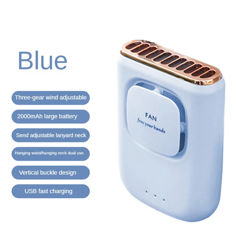 A light blue portable multi-use cooling fan with a metallic grille and a handle for easy use.