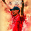 A portrait of Tiger Woods in a red shirt and cap, raising his fist against an orange and red background.