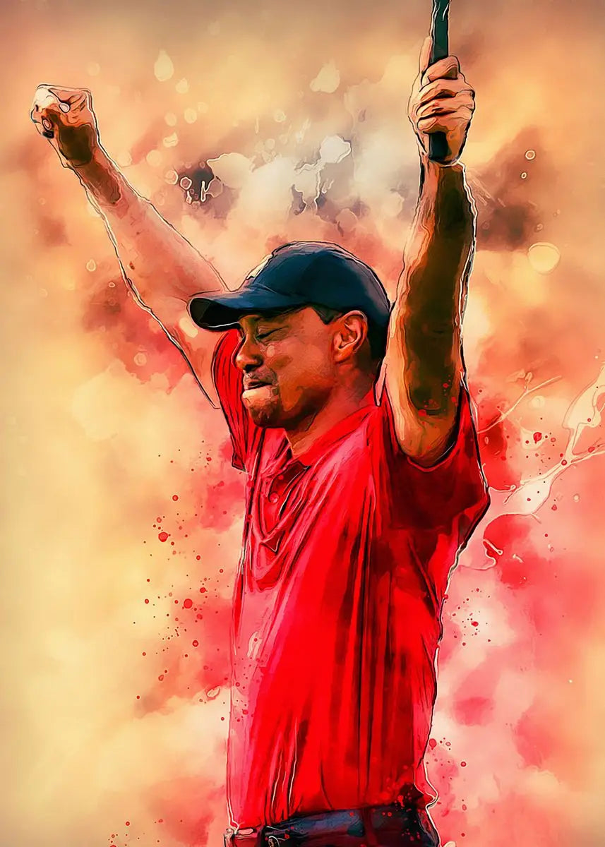 A portrait of Tiger Woods in a red shirt and cap, raising his fist against an orange and red background.