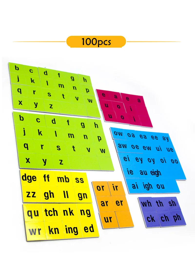 Colección de piezas magnéticas coloridas con letras del alfabeto para práctica de fonética y ortografía.