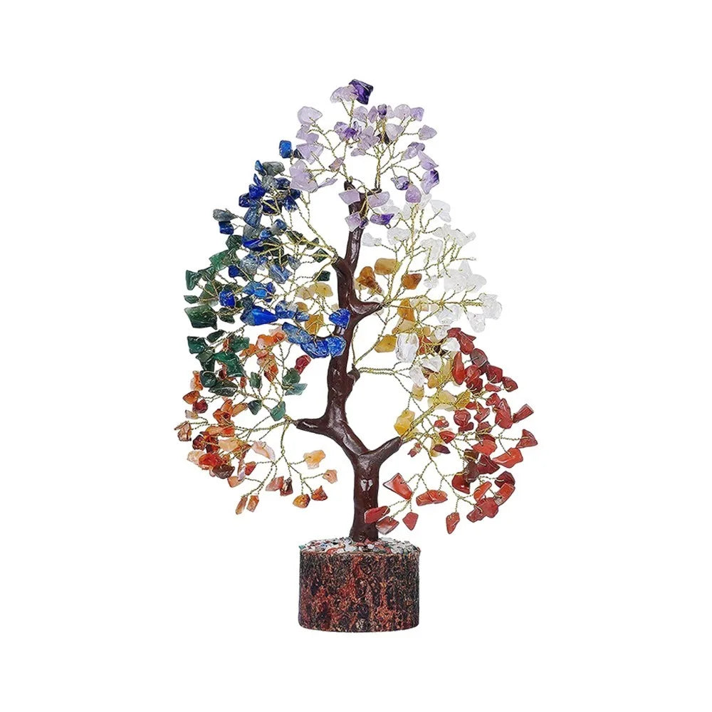 A bendable crystal tree ornament featuring various colored crystals like blue, purple, green, and amber on a dark base.