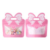 A pink bow-themed birthday party supplies set featuring clear plastic bags with decorative bows.
