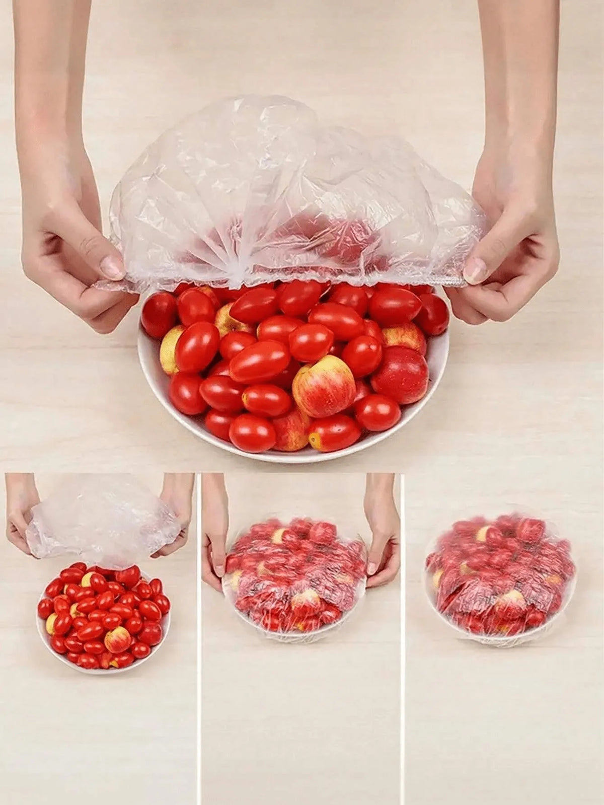 Hands holding a clear reusable elastic food cover over a bowl of fresh red tomatoes.