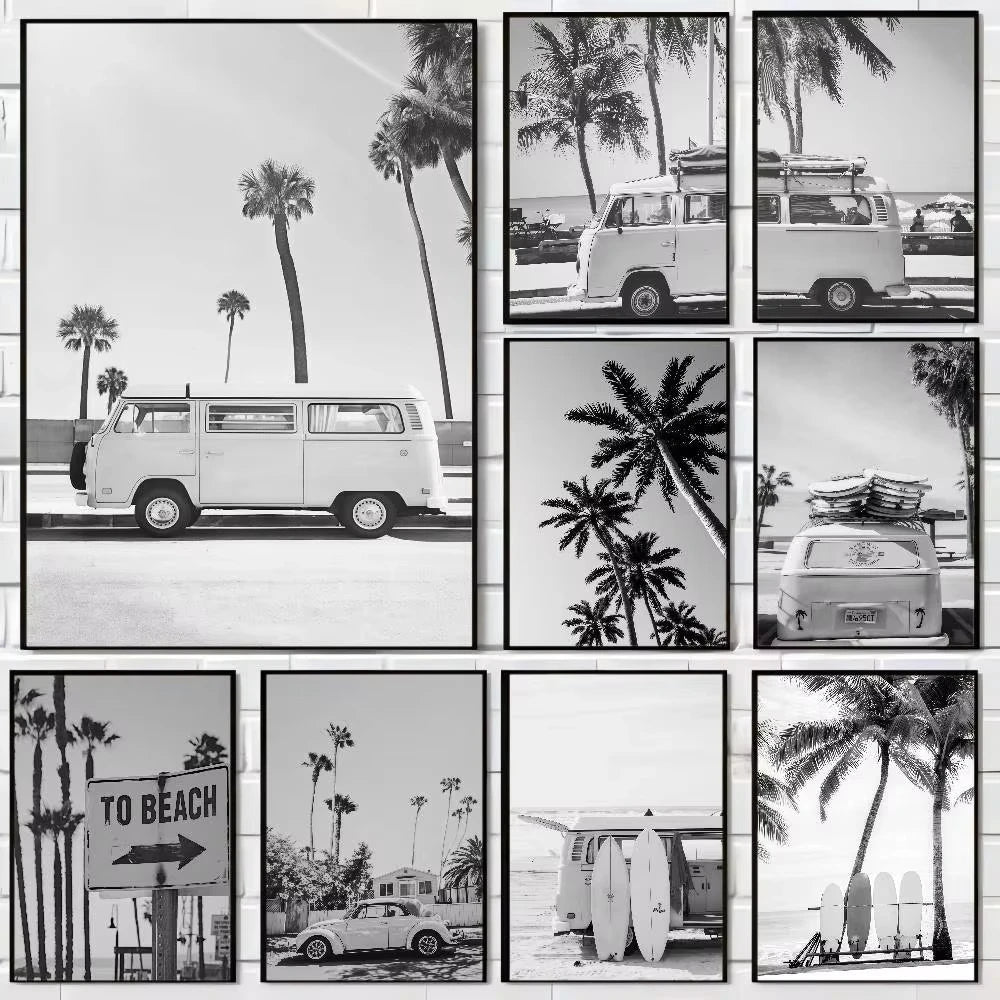 A collection of black and white photographs featuring palm trees and vintage vans in a beach landscape setting.