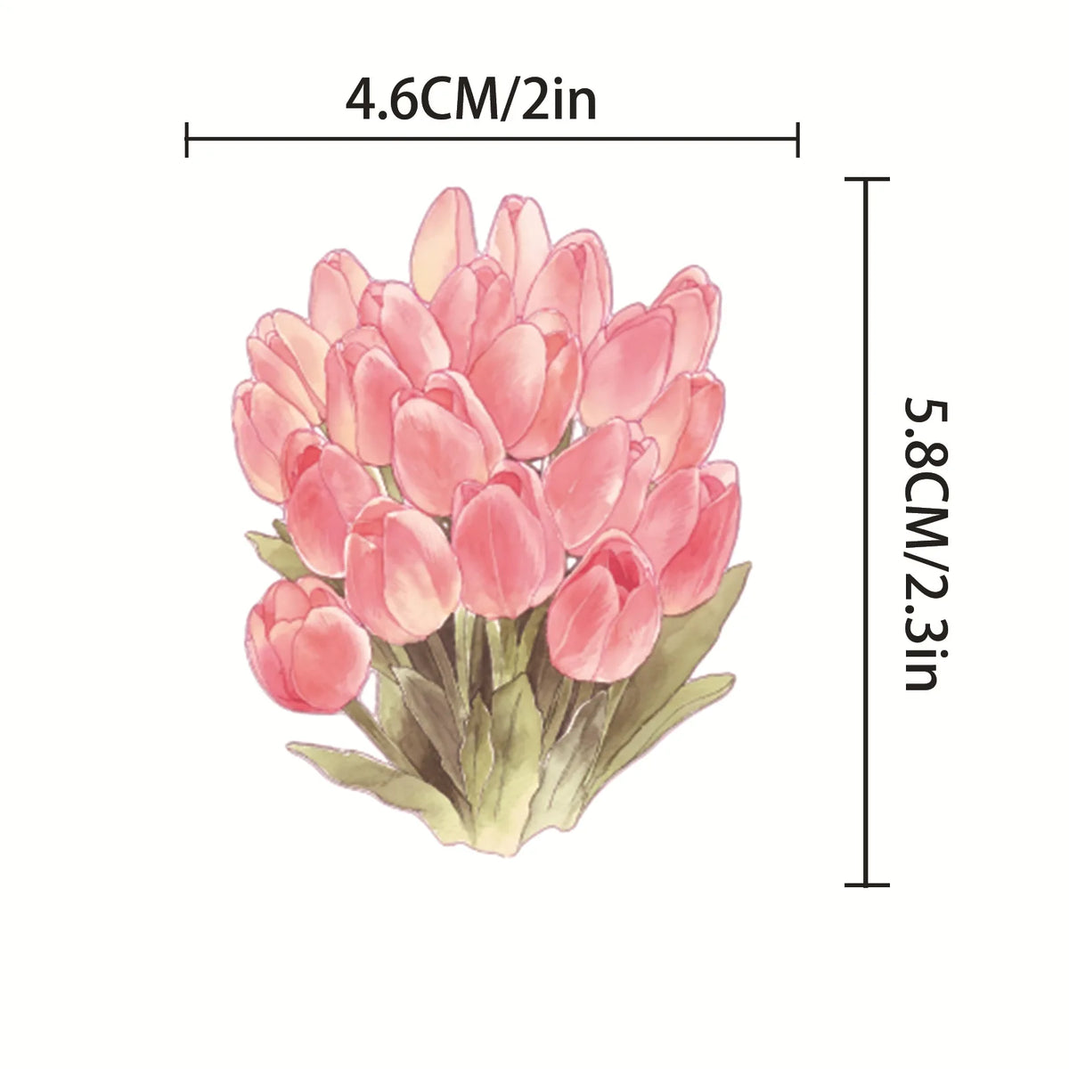 Illustration aquarelle d'un bouquet de tulipes roses, dimensions 4,6cm x 5,8cm.