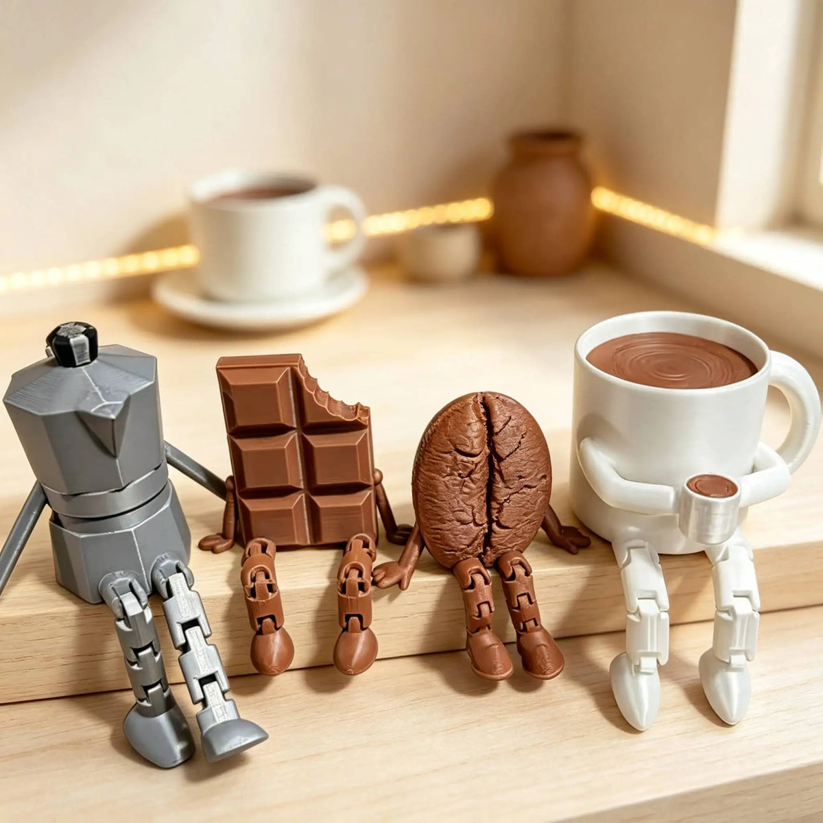 A set of 3D printed coffee bean cup figurines with articulated joints displayed on a wooden surface.