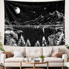 A black tapestry depicting a mountainous landscape under a starry night sky with a large moon and silhouetted trees.