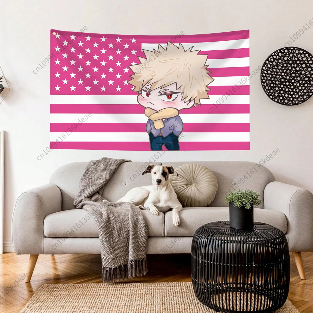 A pink and white American flag tapestry featuring a cartoon character with spiky blonde hair.