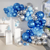 A large balloon arch decoration featuring blue and silver balloons for a party backdrop.
