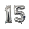 Silver foil number balloons spelling out fifteen